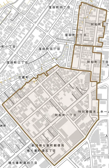 附船町とその周辺の地図。町の範囲を重ねている