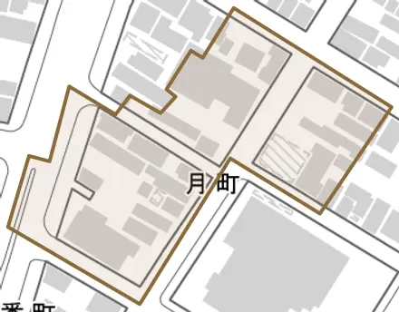 月町とその周辺の地図。町の範囲を重ねている