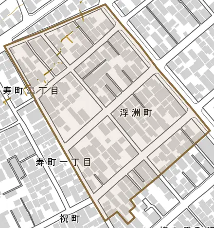 浮洲町とその周辺の地図。町の範囲を重ねている