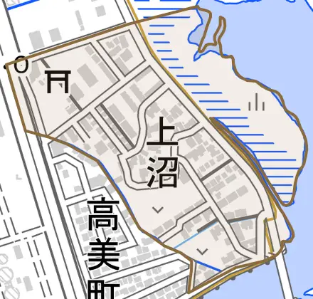 上沼とその周辺の地図。町の範囲を重ねている