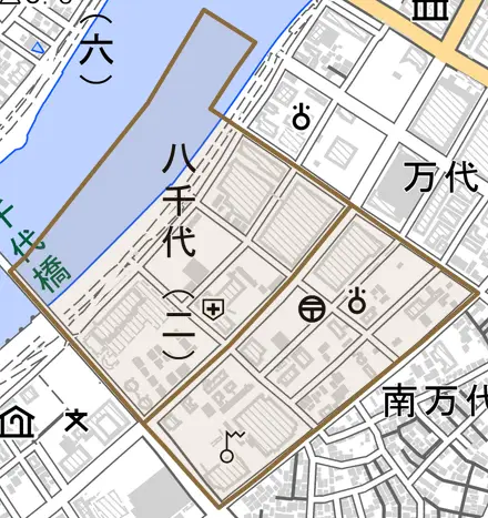 八千代とその周辺の地図。町の範囲を重ねている