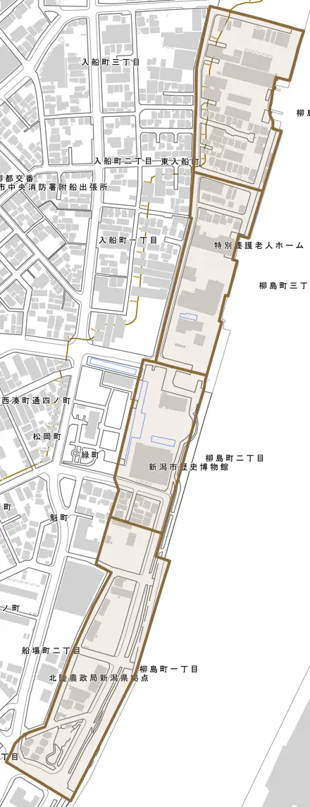 柳島町とその周辺の地図。町の範囲を重ねている
