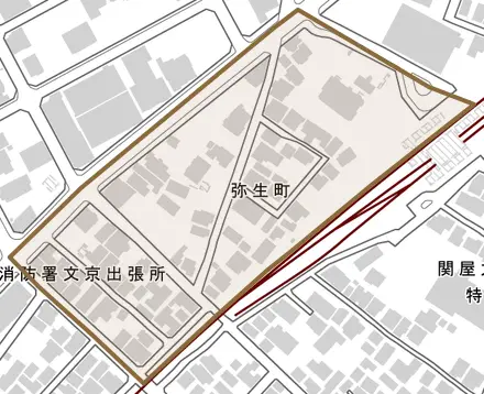 弥生町とその周辺の地図。町の範囲を重ねている