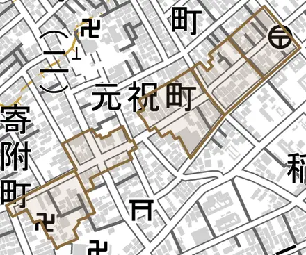 横七番町通とその周辺の地図。町の範囲を重ねている