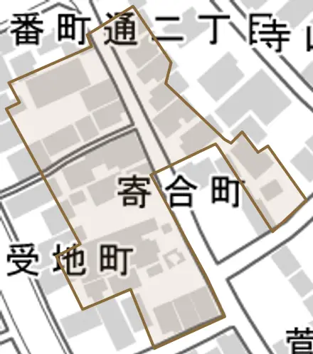 寄合町とその周辺の地図。町の範囲を重ねている