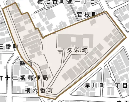 夕栄町とその周辺の地図。町の範囲を重ねている