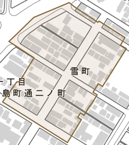 雪町とその周辺の地図。町の範囲を重ねている
