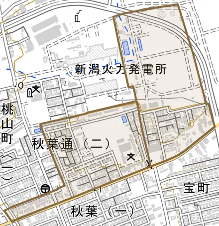 秋葉通とその周辺の地図。町の範囲を重ねている