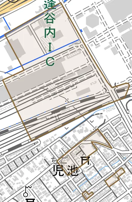 児池とその周辺の地図。町の範囲を重ねている