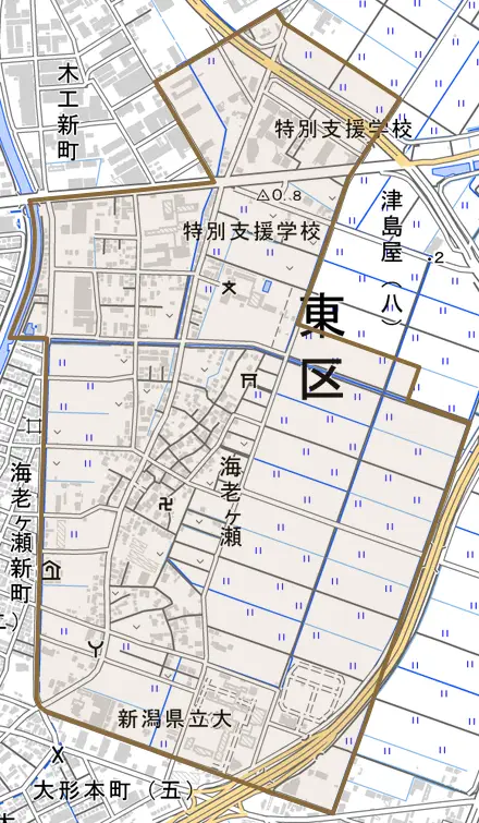 海老ケ瀬とその周辺の地図。町の範囲を重ねている