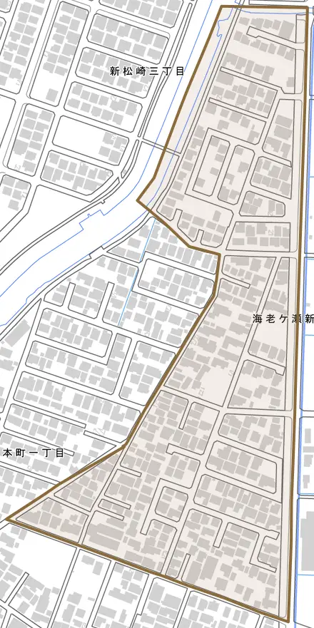海老ケ瀬新町とその周辺の地図。町の範囲を重ねている