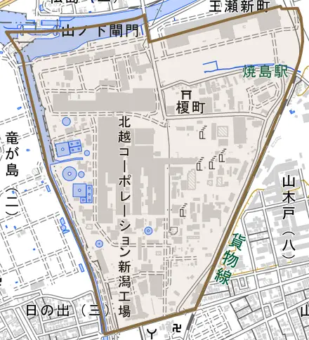 榎町とその周辺の地図。町の範囲を重ねている