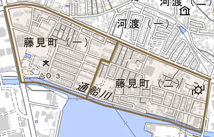 藤見町とその周辺の地図。町の範囲を重ねている