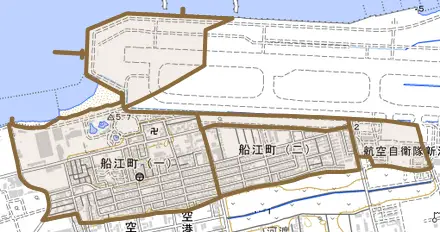 船江町とその周辺の地図。町の範囲を重ねている