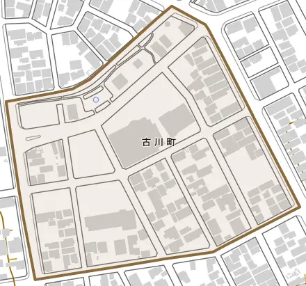 古川町とその周辺の地図。町の範囲を重ねている