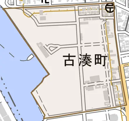 古湊町とその周辺の地図。町の範囲を重ねている