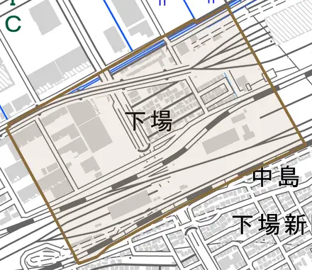 下場とその周辺の地図。町の範囲を重ねている