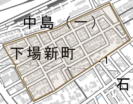 下場新町とその周辺の地図。町の範囲を重ねている