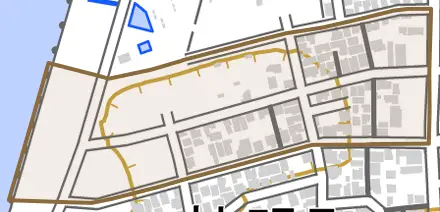 浜町とその周辺の地図。町の範囲を重ねている