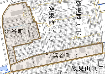 浜谷町とその周辺の地図。町の範囲を重ねている