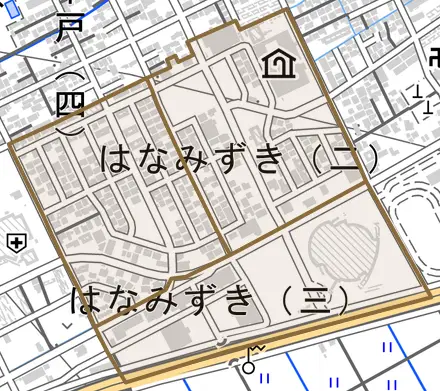 はなみずきとその周辺の地図。町の範囲を重ねている