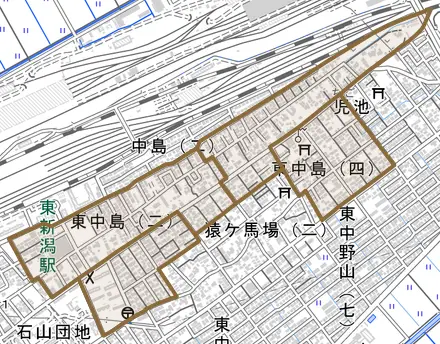 東中島とその周辺の地図。町の範囲を重ねている