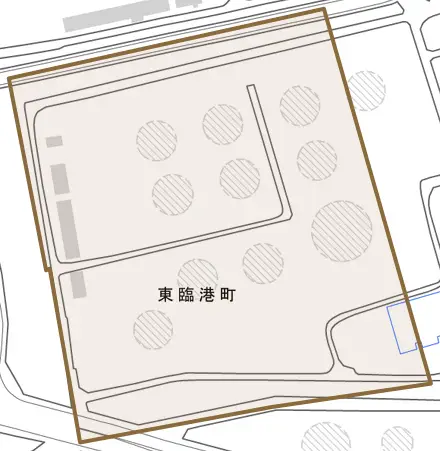 東臨港町とその周辺の地図。町の範囲を重ねている