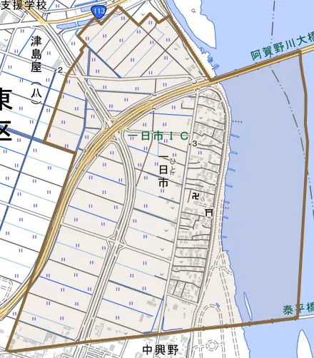 一日市とその周辺の地図。町の範囲を重ねている