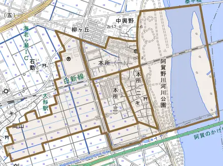本所とその周辺の地図。町の範囲を重ねている