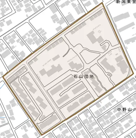 石山団地とその周辺の地図。町の範囲を重ねている