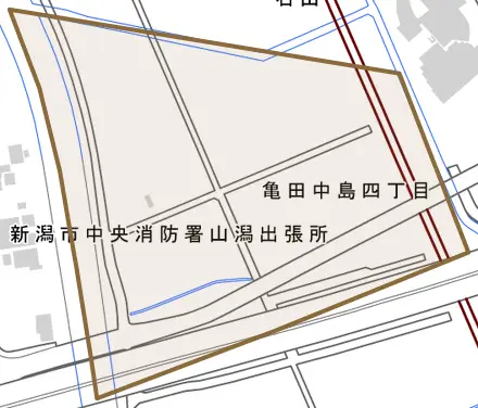 亀田中島とその周辺の地図。町の範囲を重ねている