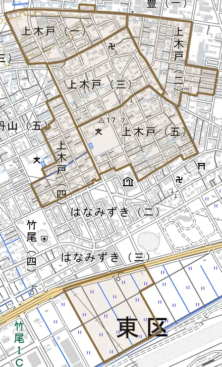 上木戸とその周辺の地図。町の範囲を重ねている