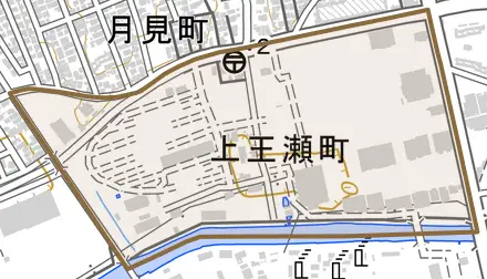 上王瀬町とその周辺の地図。町の範囲を重ねている