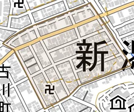 北葉町とその周辺の地図。町の範囲を重ねている