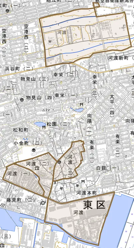 河渡とその周辺の地図。町の範囲を重ねている