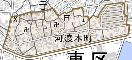 河渡本町とその周辺の地図。町の範囲を重ねている