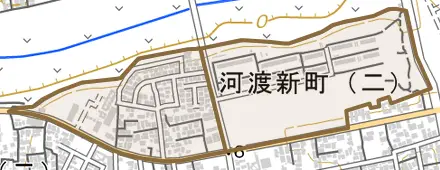 河渡新町とその周辺の地図。町の範囲を重ねている