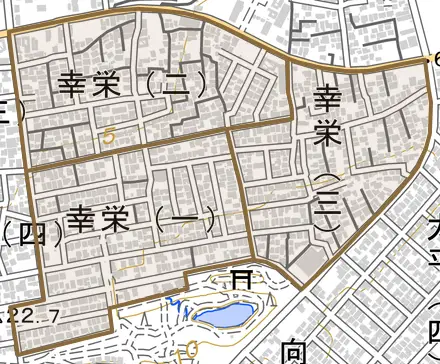 幸栄とその周辺の地図。町の範囲を重ねている