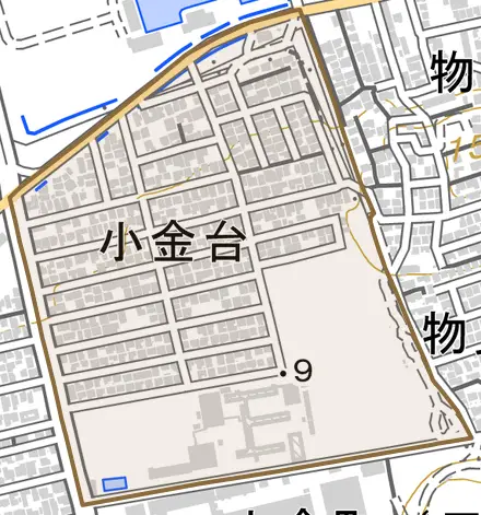 小金台とその周辺の地図。町の範囲を重ねている