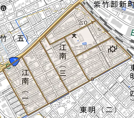 江南とその周辺の地図。町の範囲を重ねている