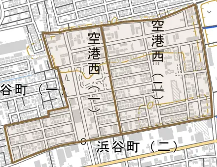 空港西とその周辺の地図。町の範囲を重ねている