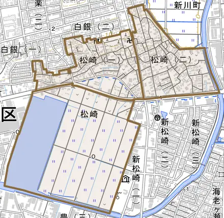 松崎とその周辺の地図。町の範囲を重ねている