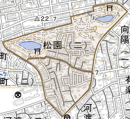 松園とその周辺の地図。町の範囲を重ねている