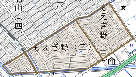 もえぎ野とその周辺の地図。町の範囲を重ねている