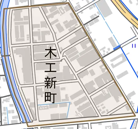 木工新町とその周辺の地図。町の範囲を重ねている