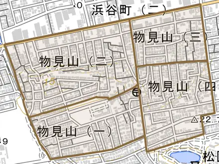 物見山とその周辺の地図。町の範囲を重ねている