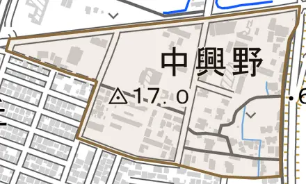 中興野とその周辺の地図。町の範囲を重ねている