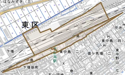 中島とその周辺の地図。町の範囲を重ねている