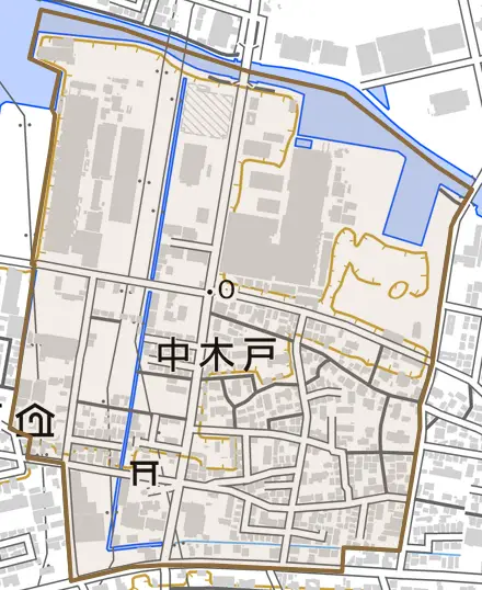 中木戸とその周辺の地図。町の範囲を重ねている