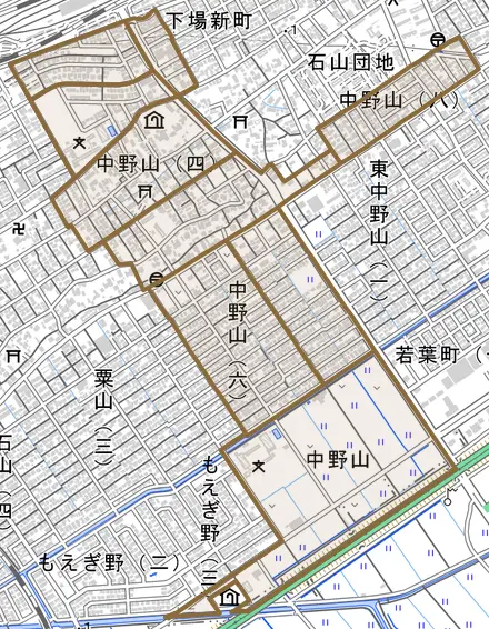 中野山とその周辺の地図。町の範囲を重ねている